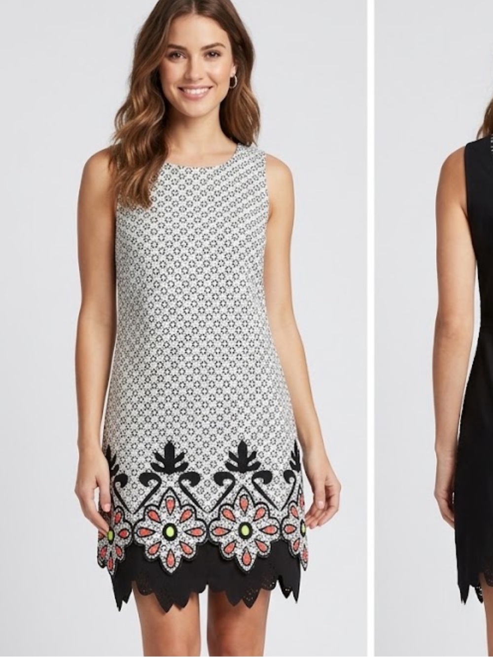 Sleeveless White & Black Floral Hem Shift Dress